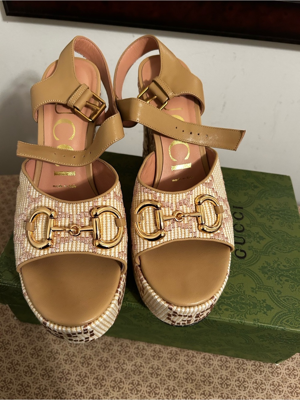 Gucci Tan and Beige Platform Sandals with Gold Hardware